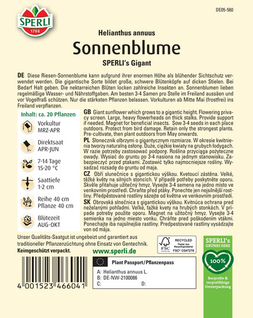 Słonecznik 'SPERLI's Gigant' Nasiona PREMIUM Sperli